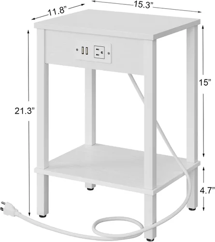 Vista 107 de VIMBER Juego de 2 mesas auxiliares con estación de carga, mesa auxiliar estrecha con puertos USB y tomas, mesitas de noche con estantes
