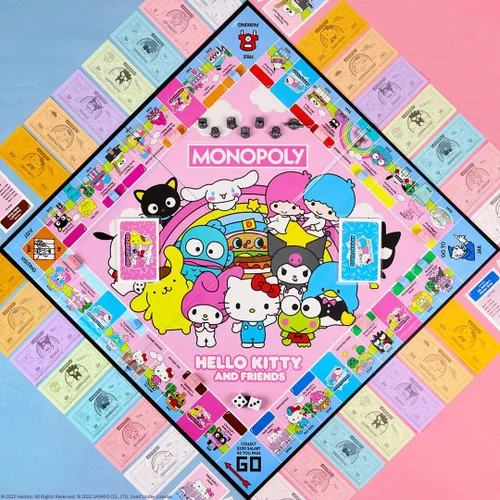 Vista 2 de Monopoly: Hello Kitty y sus amigos, Compra, vende, intercambia edificios de la serie animada, con My Melody, Badtz-Maru, Keroppi, Juego clásico