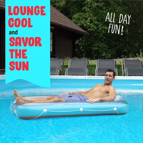 Vista 5 de Flotador inflable azul para tumbona de bronceado – Piscina personal con almohada – 13 años +