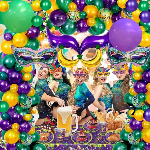 Vista 3 de 114 globos de Mardi Gras de gran tamaño, máscara de luna y estrella, globos de aluminio para Mardi Gras, cumpleaños, baby shower, mascarada, fiesta