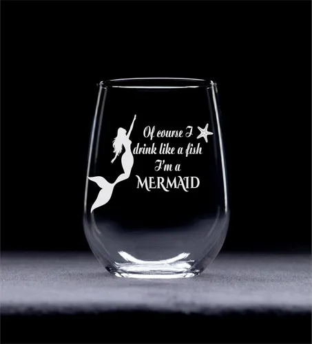 Vista 2 de C M Copa de vino sin tallo con texto en inglés "Of Course I Drink Like a Fish I'm a Mermaid Stemless", regalo divertido con temática de sirena