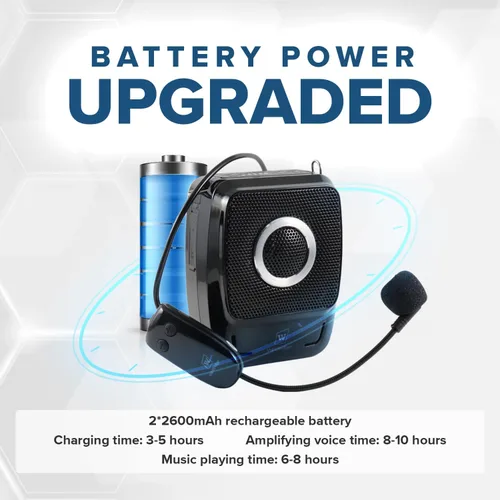 Vista 5 de Amplificador de voz con 2 micrófonos inalámbricos, 25 W de alta capacidad, 5200 mAh, amplificador de voz personal, sistema de megáfono portátil