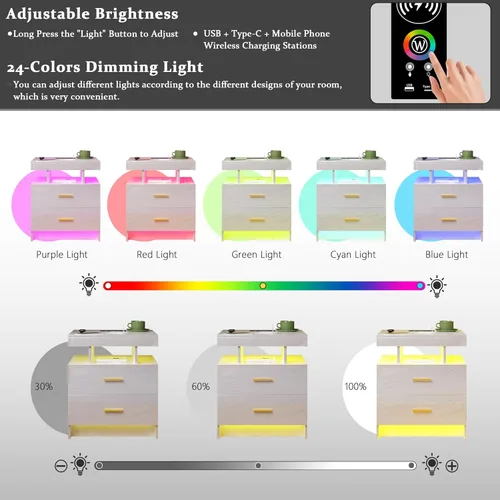 Vista 22 de HNEBC Mesita de noche LED con estación de carga (puertos USB, puertos tipo C), mesa de noche de alto brillo con 2 cajones, mesita de noche