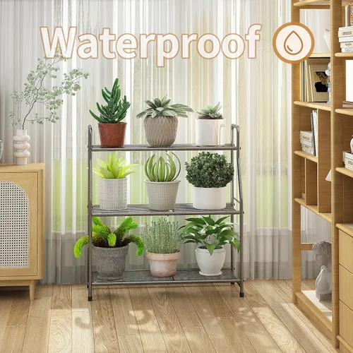 Vista 4 de Simple Trending Soporte para plantas al aire libre e interior, estante de metal impermeable de 3 niveles para sala de estar, balcón y jardín