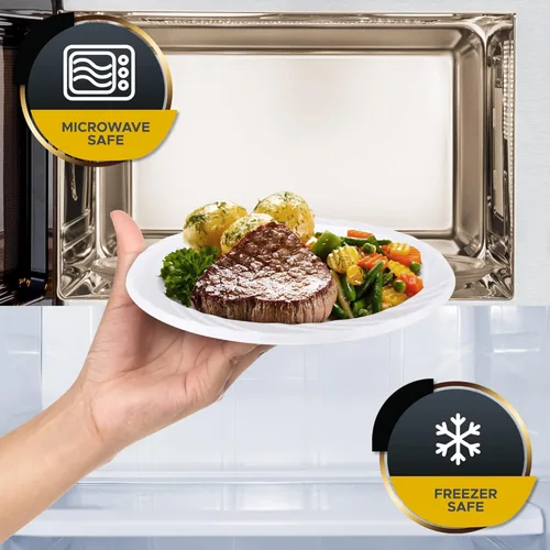 Vista 3 de PAMI Platos de plástico desechables de alta calidad de 6 pulgadas (paquete de 100) Platos de fiesta blancos para cena postres aperitivos Platos