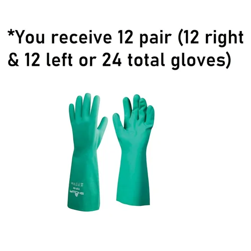 SHOWA Guantes de nitrilo grandes, resistentes a productos químicos, sin forro, 13 pulgadas de largo, 12 pares, paquete de 12