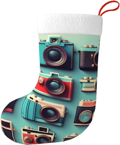 Retro Cool Camera Collection Print Christmas Stockings Soft Plush Cuff Xmas Stocking Stocking Decoration For Family Holiday Season Decor