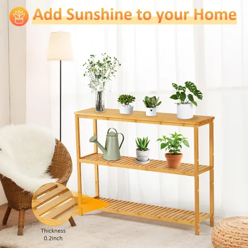 Vista 4 de SINWANT Mesas consola para entrada, mesa de entrada de 3 niveles con almacenamiento de zapatos, mesa consola estrecha de bambú para sala de estar