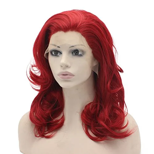 Vista 3 de Mxangel Peluca de cabello sintético rojo ondulado medio largo con encaje frontal para cosplay