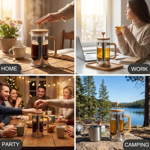 Vista 6 de Sivaphe Cafetera de prensa francesa sin plástico de 34 onzas, tapa de bambú de vidrio borosilicato y asa, prensa de té de café, 8 tazas, 33.8 fl oz