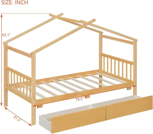 Vista 142 de Merax Cama de madera de tamaño individual con dos cajones, marco de cama de madera con techo para niños, adolescentes, niños o niñas, gris