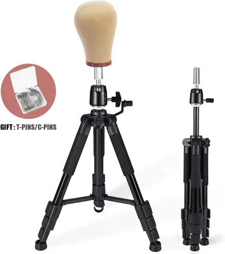 Vista 8 de Soporte para peluca con trípode con base antideslizante, soporte para cabeza de maniquí ajustable con gancho, soporte para cabeza de maniquí