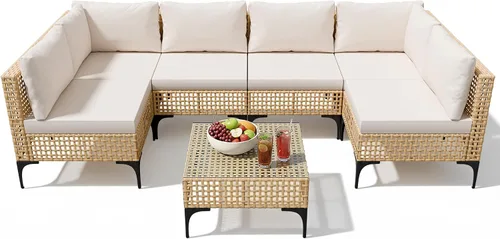 Devoko Juego de muebles de patio, sofá modular de mimbre para exteriores de Beige