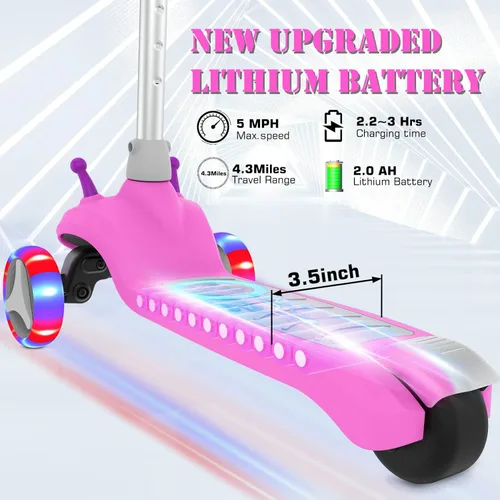 Vista 2 de Electric Scooter for Kids Ages 3-8, 3-Wheel Electric Scooter, Kids Electric Scooter with LED Light-up Wheels, 3 Height Adjustable, C-Shaped Handle