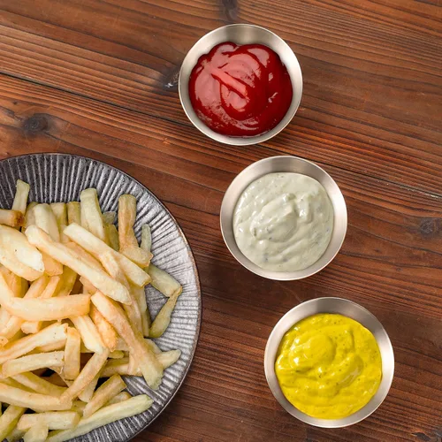 Vista 5 de Tazas de salsa de 3 onzas, 24 piezas de acero inoxidable de dos tonos. Recipientes reutilizables apilables para porciones para muestreo, aderezo