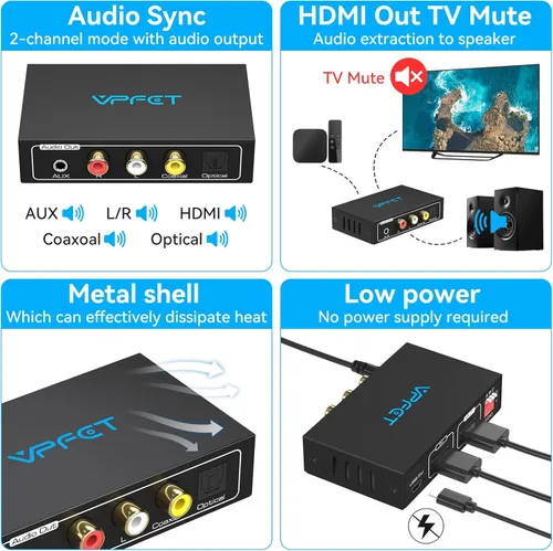 Vista 6 de VPFET extractor de audio HDMI 4K divisor a convertidor coaxial 3.5mm AUX L o R 8 configuraciones EDID soporta HDCP 1080p 3D digital DTS 5.1 PCM
