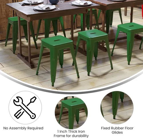 Vista 74 de Flash Furniture Taburete de metal para mesa de comedor, taburete de grado comercial Kai morado sin espalda, silla de comedor apilable de 18