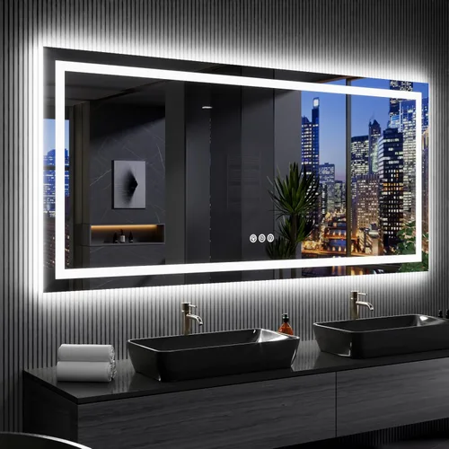 Vista 66 de LOAAO Espejo de baño LED RGB de 60 x 28 pulgadas con luces, grande, antiniebla, espejo de tocador de baño iluminado regulable, múltiples modos
