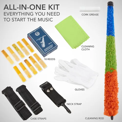 Vista 2 de LyxJam Kit de saxofón alto E Flat de latón, sonido profesional, accesorios completos, ideal para todos los jugadores, incluye estuche rígido, 10