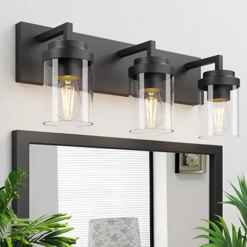 Vista 10 de Espird Accesorios de iluminación cromados, luz de tocador de baño de 3 luces con pantalla de vidrio transparente, luz de tocador moderna de 22