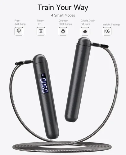 Vista 2 de ACHDOFITS Smart Jump Rope Accurate Calorie Tracking & 4 Training Modes Adjustable Steel Wire Rope Built-in High-Speed Bearings Type-C