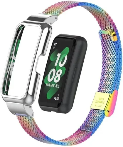 Vista 7 de Bandas compatibles con Huawei Band 10/9/8/7, correa de repuesto de metal de acero inoxidable con marco de metal para Huawei Band 7/8/9/10