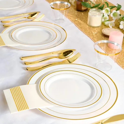 Vista 7 de FOCUSLINE Juego de vajilla dorada de 600 piezas para 100 invitados - Platos de plástico desechables con borde dorado, incluye 100 platos de cena