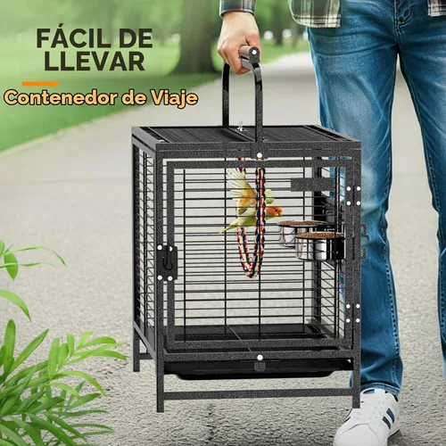 Vista 2 de VINGLI Jaula para pájaros pequeños, jaula de viaje de 19 pulgadas con asa, jaula de periquitos de hierro forjado con perca de madera para loros