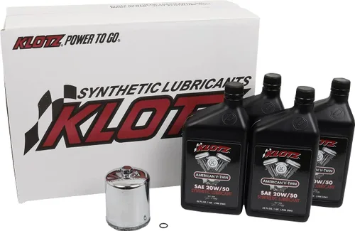 Vista 12 de Kit para cambio de aceite sintético de motor Klotz de 4 cuartos de galón 20W/50 para Evolution Sportster 1986-2022 - Kit premium
