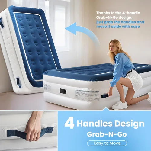 Vista 9 de KINGJERRY Colchón de aire doble con bomba integrada y 4 asas portátiles, colchón inflable elevado de 18 pulgadas para invitados, cama de aire