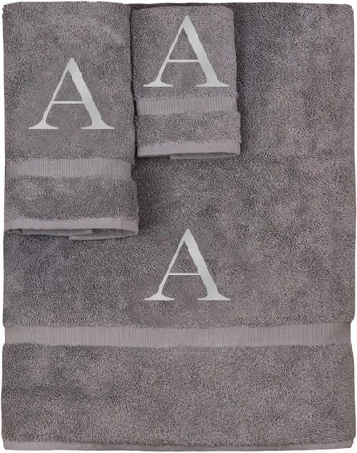 Vista 124 de Juego de toallas con monograma, regalo personalizado, juego de 3 - Letra de bloque dorada bordada en toalla - Extra absorbente 100% algodón turco