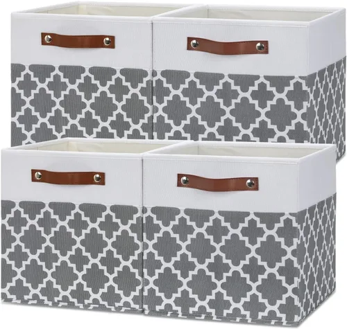 Temary Paquete de 4 contenedores de almacenamiento de tela de 12 x 12 x 12 pulgadas con mango de cuero, cubos plegables para armario, estante