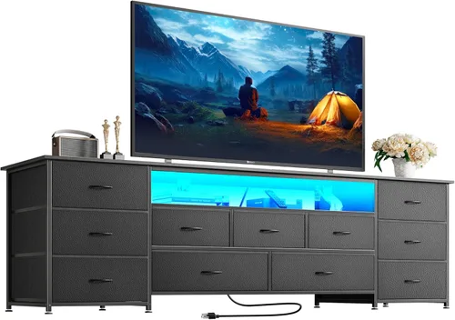 Vista 14 de Huuger Soporte de TV de 63 pulgadas para TV de 65, 70 pulgadas, cómoda larga con 11 cajones con tomas de corriente y luces LED, centro