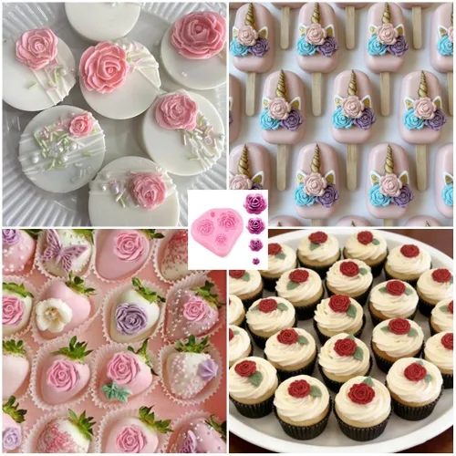 Vista 3 de Molde de rosas Molde de silicona para tartas de chocolate Sugarcraft Decorar Fondant Fimo Herramientas 4 Tamaño Rosa 2 Piezas