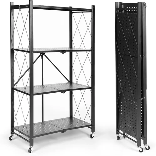 Estante plegable de 4 niveles, color negro, resistente y duradero, estantes plegables multiusos para almacenamiento con ruedas de bloqueo, fácil de