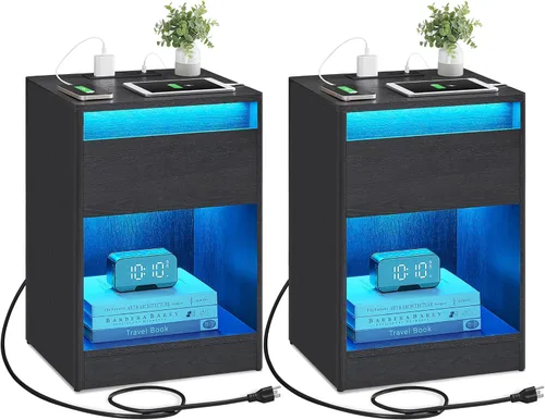 Vista 22 de VASAGLE Mesita de noche con luces LED, colores de luz ajustables, mesa de noche, mesa auxiliar con 3 cajones, estilo moderno, 13.8 x 15.7 x 21.7