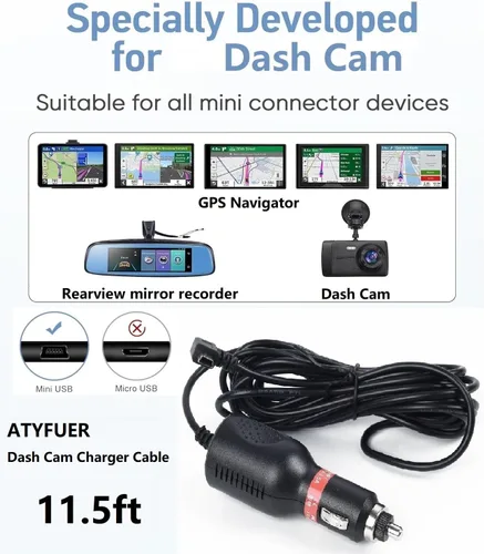Vista 2 de Cable de carga de cámara para salpicadero, cable de leva Garmin para automóvil, cable para cámara de tablero de automóvil, mini USB DC 12V-24V