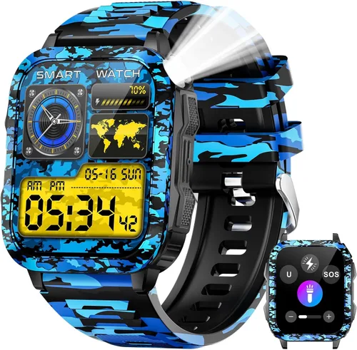 Vista 18 de Reloj Inteligente Militar para Hombres con Linterna LED Reloj de Pantalla Grande de 2.0'' Reloj Inteligente Táctico Batería Grande de 430mAh