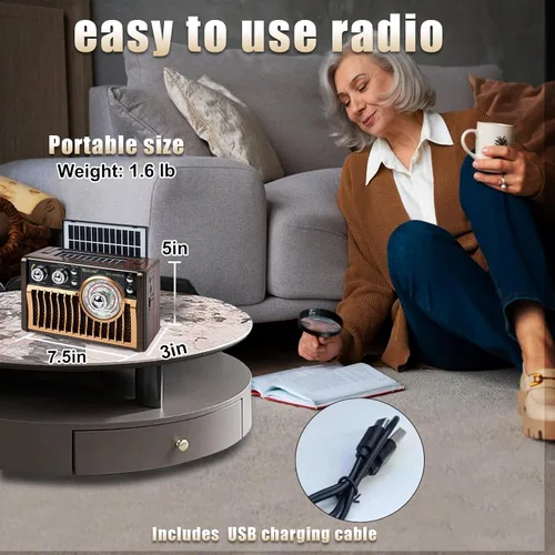 Vista 4 de Radios AM FM portátiles, radios retro con altavoces de alta potencia, compatible con alimentación USB y carga de paneles solares. Tarjeta TF Café)