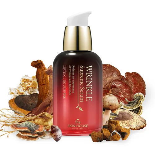 the SKIN HOUSE Wrinkle Supreme Serum 0.67 fl. oz. Tamaño de prueba, ginseng rojo coreano, champiñones, reafirmante, levantamiento, líneas finas |