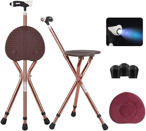 Vista 12 de Combo de asiento de caña plegable, capacidad de 400 libras, práctico taburete plegable con muleta, asiento de 3 patas, altura ajustable, resistente
