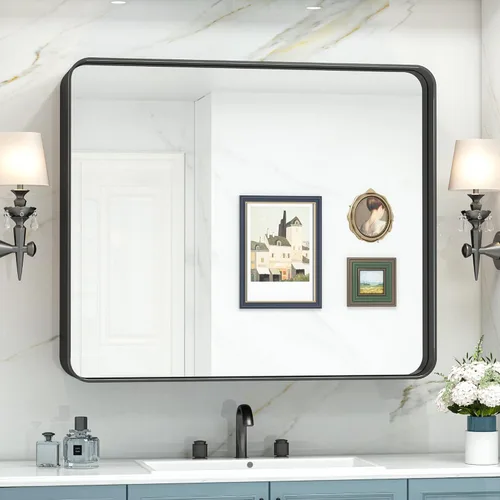 Vista 106 de TokeShimi Espejo de pared de baño de níquel cepillado de 20 x 30 pulgadas, marco de metal, esquina redonda, rectangular, para decoración del hogar