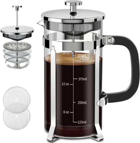 Vista 11 de QUQIYSO Cafetera de prensa francesa de acero inoxidable 304 con 4 filtros, resistente al calor, duradera, fácil de limpiar, prensa de café de vidrio
