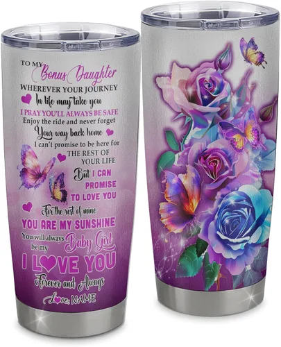 Vista 10 de Vaso de acero inoxidable personalizado con texto en inglés «To My Bonus Daughter From Stepmom», vaso curvado de 20 onzas con diseño de girasol