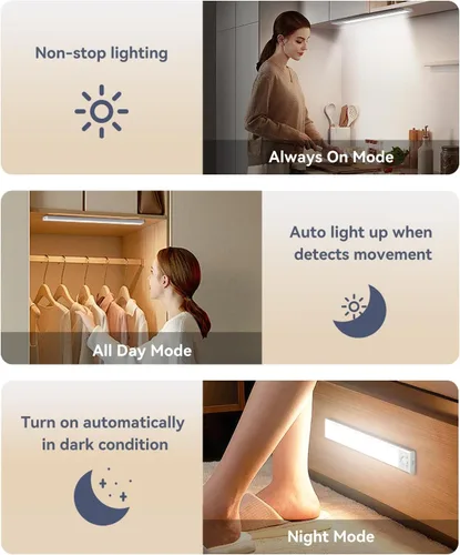 Vista 3 de Paquete de 2 luces para debajo del gabinete, 3 temperaturas de color, luz con sensor de movimiento para interiores, luces LED recargables