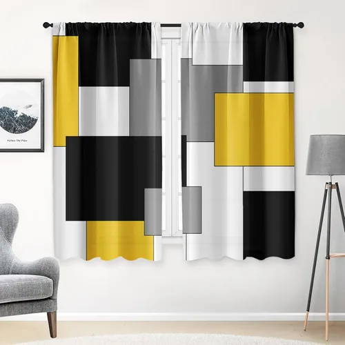 Vista 25 de Cortinas de Cocina Negro Gris de 63 Pulgadas de Largo Juego de Cortinas de Ventana Geométricas de 2, Cortina Gris Blanca para Dormitorio Sala