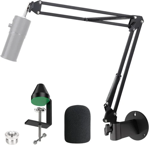 Vista 10 de Soporte de micrófono para Razer Seiren X, brazo de suspensión ajustable estilo tijera con adaptador de tornillo de 3/8" a 5/8", parabrisas, filtro