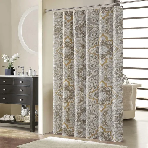 Vista 27 de Cortina de ducha larga de tela, cortinas de ducha de damasco bohemio con estampado de paisley en vino burdeos y oro amarillo, cortinas impermeables