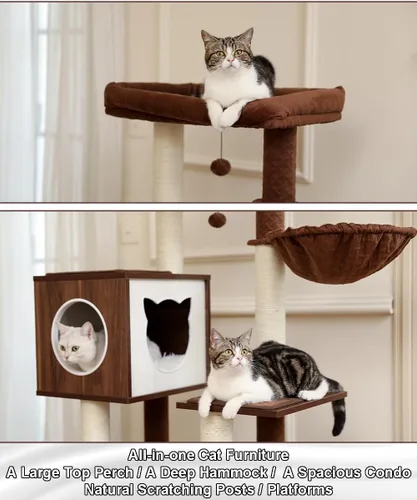 Vista 4 de ANPPEX Torre de árbol para gatos con caja de arena, caja de arena grande para gatos con postes rascadores, condominio para gatos y hamaca, árbol