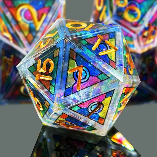 Vista 11 de Juego de Dados de Resina de Doble Capa 7 piezas/ Efecto de Vidrio Manchado y Números Dorados/Dados Poliédricos de Borde Afilado/Aplicable a